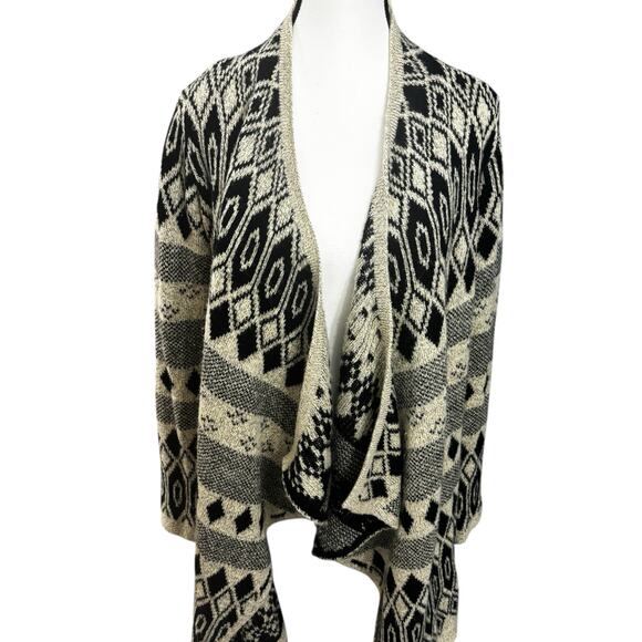 Lucky Brand Waterfall Cardigan Sweater Womens Medium Black Beige Aztec Knit - Picture 3 of 12